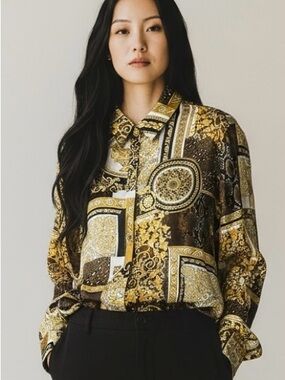 Versace Barocco Patchwork Print Button-Up Silk Blouse SZ 48IT/14US MSRP $1175